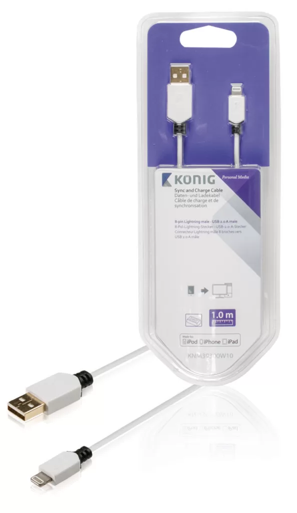 König KNM39300W10 Sync And Charge Kabel 8-pins Lightning Male - Usb 2.0 A Male 1