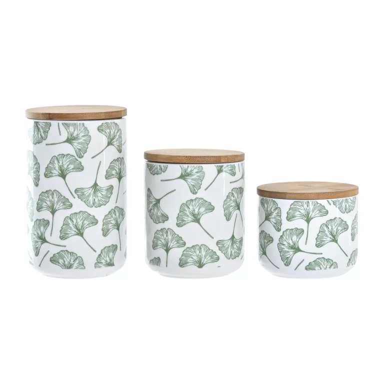Set van 3 Potjes DKD Home Decor Natuurlijk Wit Groen Bamboe Keramiek Tropisch 10 x 10 x 17 cm