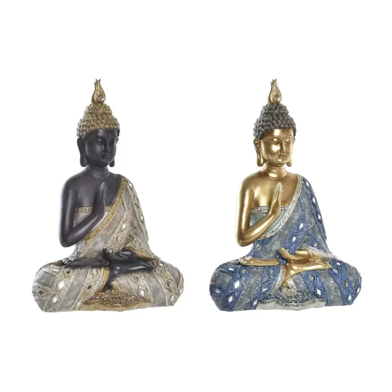 Decoratieve figuren DKD Home Decor 24 x 12 x 34 cm Blauw Gouden Bruin Boeddha Orientaals (2 Stuks)