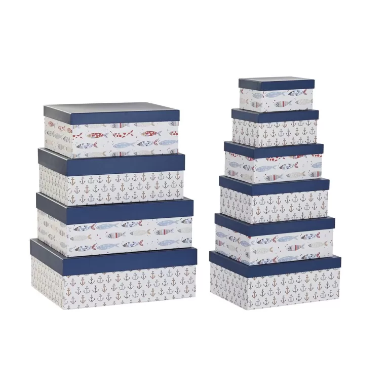 Set van opstapelbare opbergboxen DKD Home Decor Navy Wit Marineblauw Karton (43