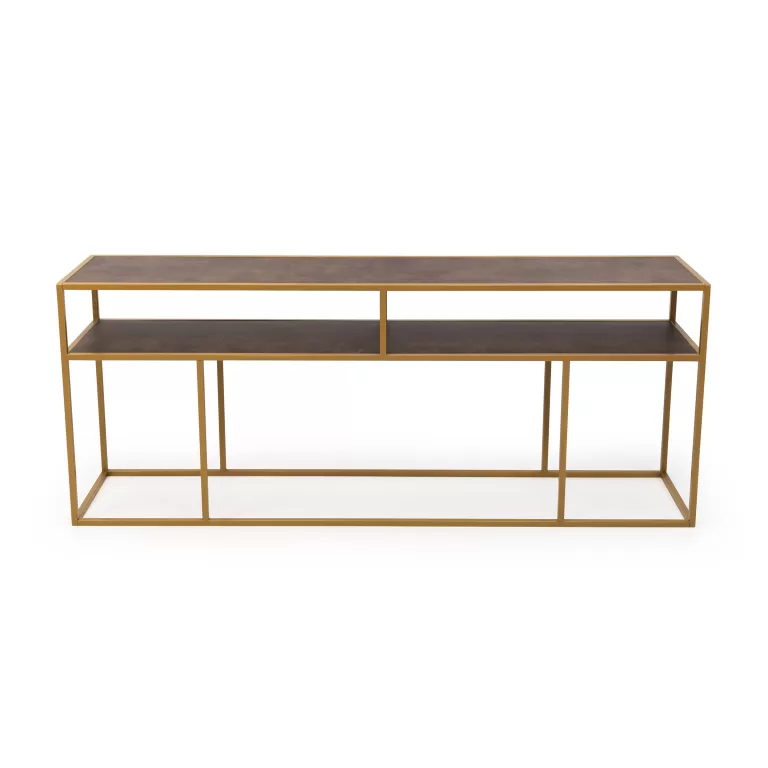 STALUX Side-table Teun 200cm - goud / lederlook bruin | Flickmyhouse
