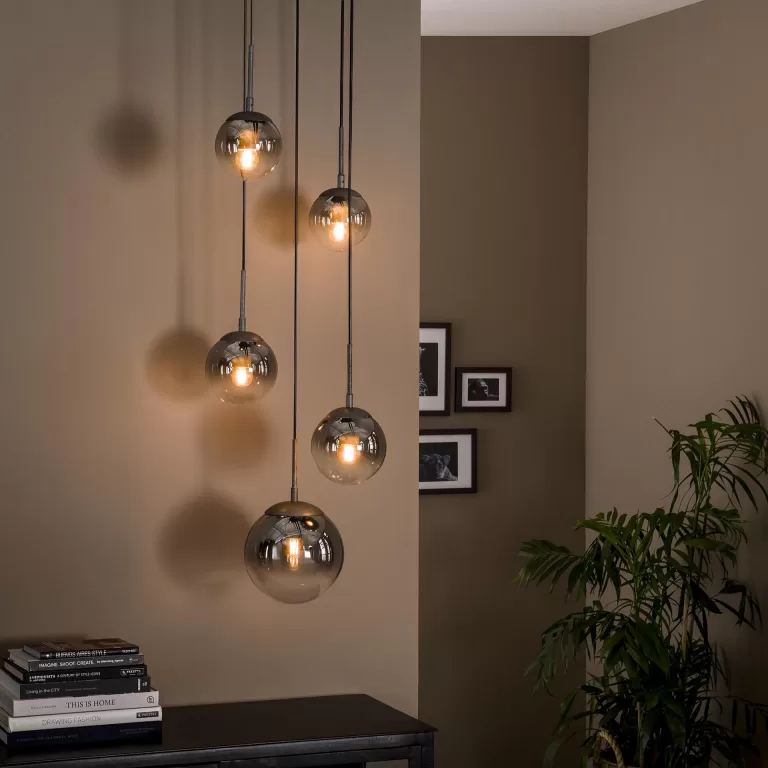 LifestyleFurn Hanglamp Bubble Shaded met 5 smoke-glas bollen - Oud zilver | Flickmyhouse