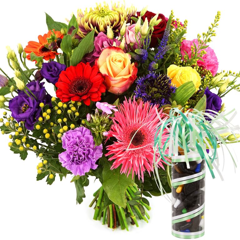 Fel gekleurde bloemen met drop bestellen | Flickmyhouse marketplace