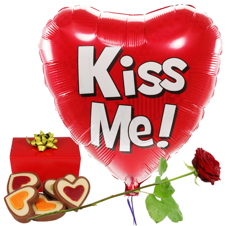 Kiss me hart ballon en hartjes chocolade en rode roos | Flickmyhouse marketplace