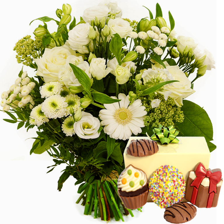 Boeket witte bloemen met feestchocolade 250 gram | Flickmyhouse marketplace