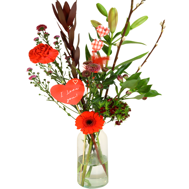 Liefde plukbloemen roze rood in glazen vaas ca. 30 cm hoog | Flickmyhouse marketplace