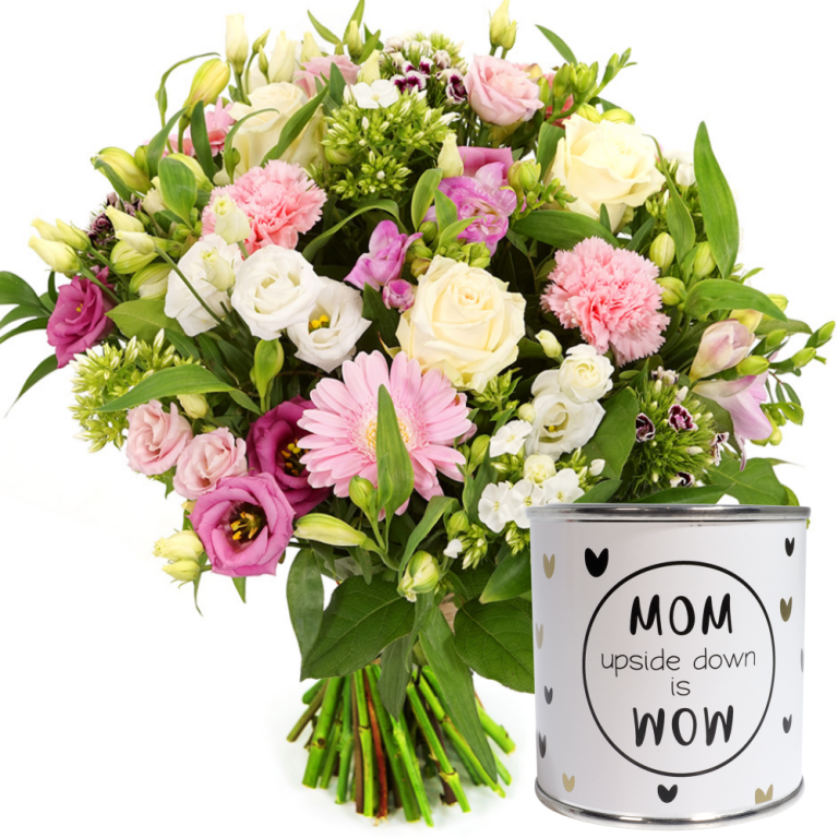 Moederdag boeket roze wit en snoepblikje MoM - WoW | Flickmyhouse marketplace
