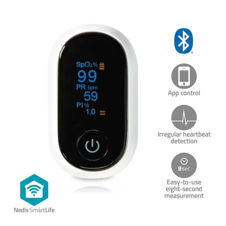 Nedis BTHOX10WT Smartlife Pulse Oximeter Bluetooth® Oled-scherm Anti-bewegingsinterferentie / Auditief Alarm / Hoge Precisie Sensor / Perfusie-index / Polsslag / Zuurstofverzadiging (spo2) Wit