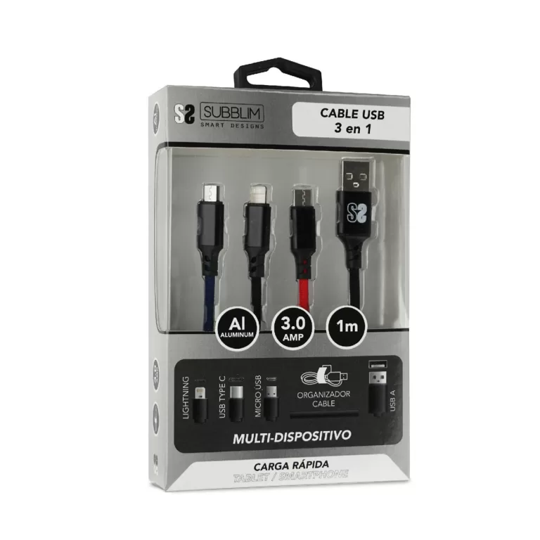 Kabel Micro USB Subblim Premium 3in1 Zwart 1 m