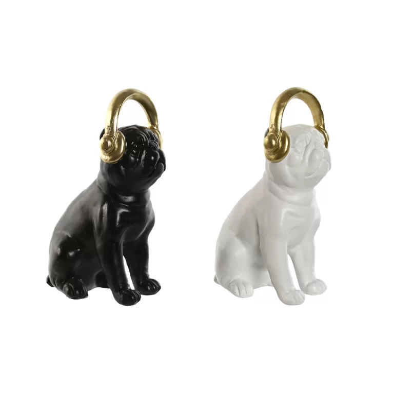 Decoratieve figuren Home ESPRIT Wit Zwart Gouden Hond 12 x 18 x 30 cm (2 Stuks)
