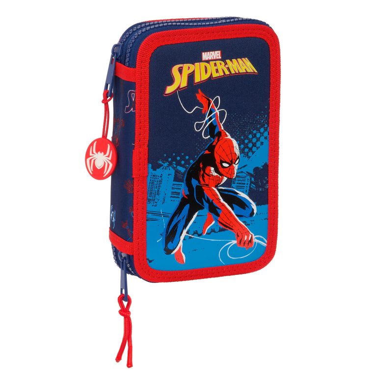 Dubbele etui Spider-Man Neon Marineblauw 12.5 x 19.5 x 4 cm (28 Onderdelen)