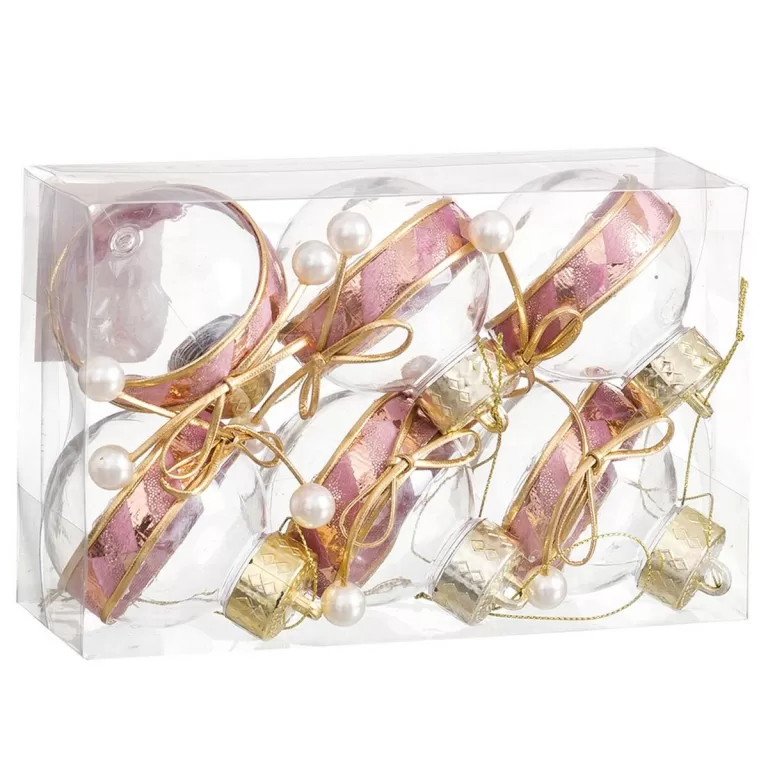 Kerstballen Roze Transparant Gouden Plastic Weefsel Lasso 6 x 6 x 6 cm (6 Stuks)