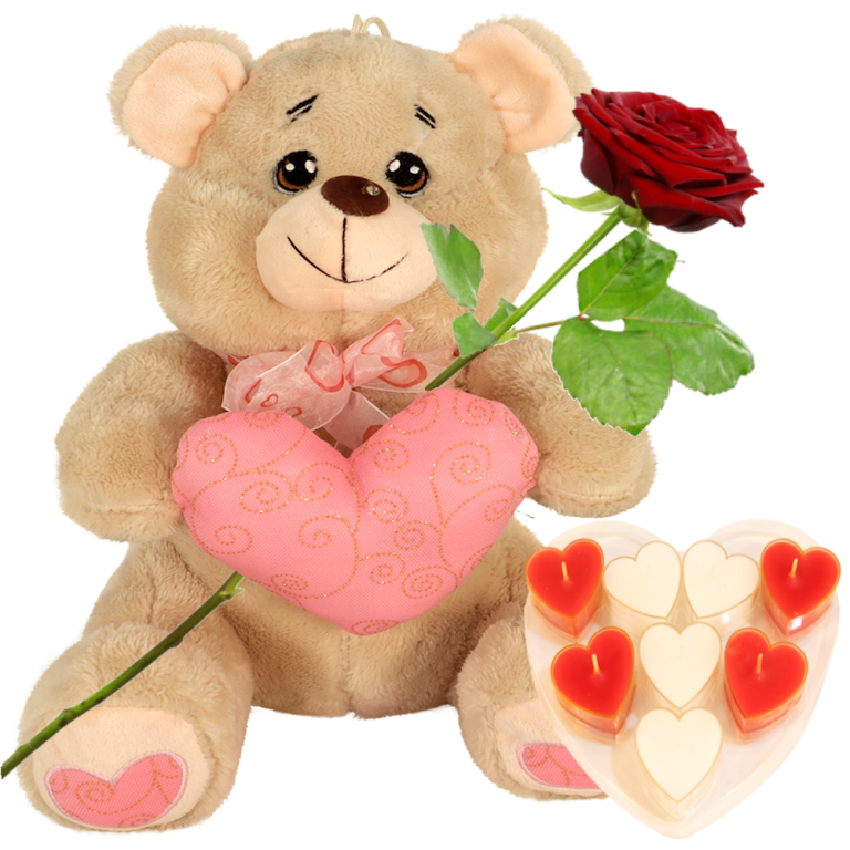 Knuffelbeer ca. 30 cm licht bruin met roze hart+ verse rode roos + doosje met 8 hartjes waxinelichtjes | Flickmyhouse marketplace