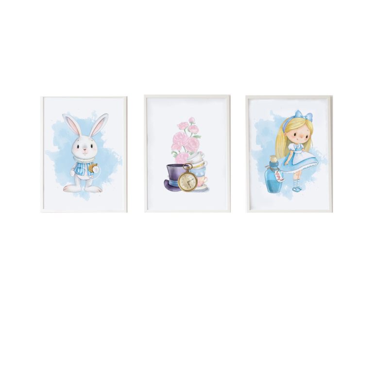 Set van 3 Schilderijen Crochetts Alice 33 x 43 x 2 cm Blommor Konijnenvlees Meisje 3 Onderdelen