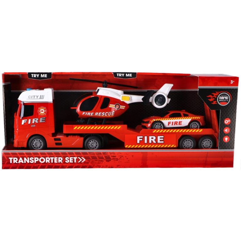 Rapid Wheels Autotransporter Brandweer + Auto en Helikopter + Licht en Geluid | Kopen bij Flickmyhouse