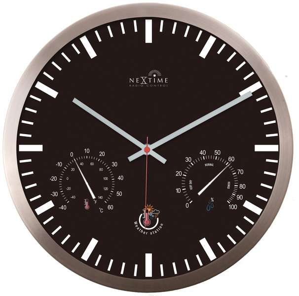 NeXtime NE-90513ZW Wandklok + Weerstation 25cm Zwart RC Aluminium | Kopen bij Flickmyhouse