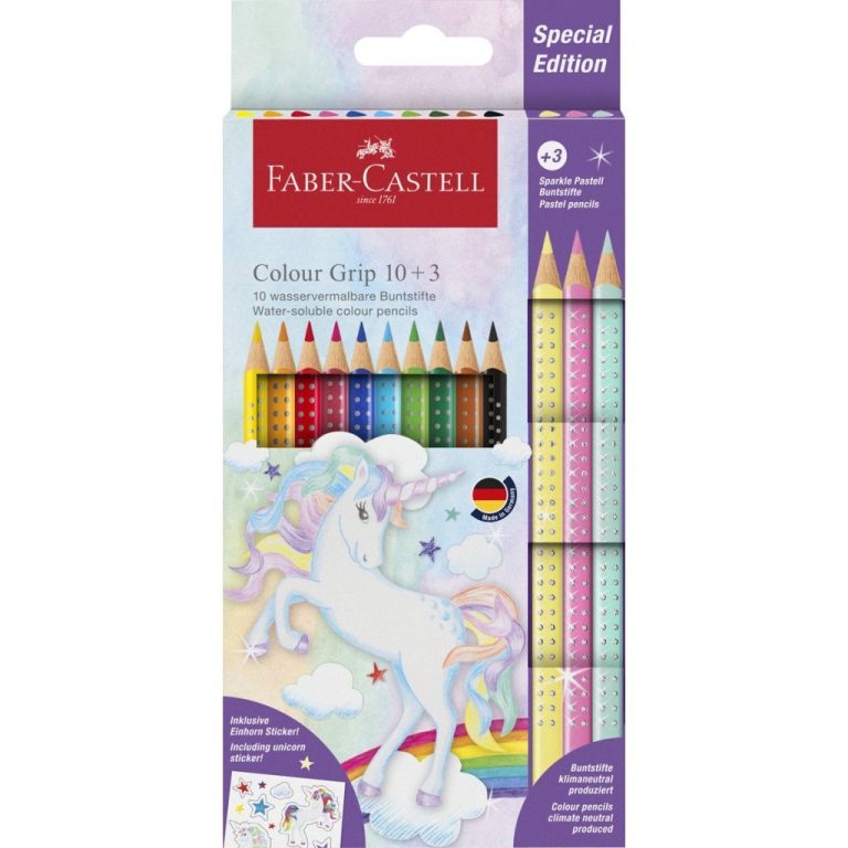 Faber Castell FC-201542 Colour Grip Kleurpotloden 10 Stuks + 3 Sparkle Pastel Kleurpotloden en Unicorn Stickers | Kopen bij Flickmyhouse