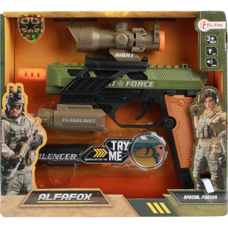 Toi-Toys Alfafox Militair Pistool met Demper + Zaklamp + Licht en Geluid | Kopen bij Flickmyhouse