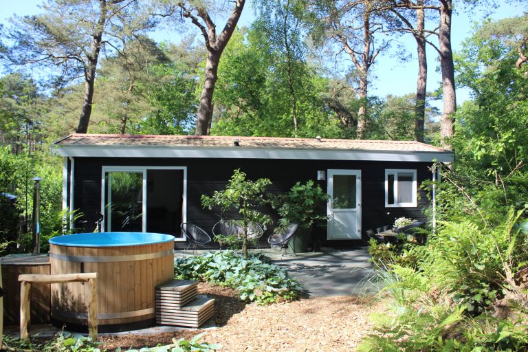 Bosrijke 4 persoons chalet met hottub en sauna in grote privé tuin in Diever