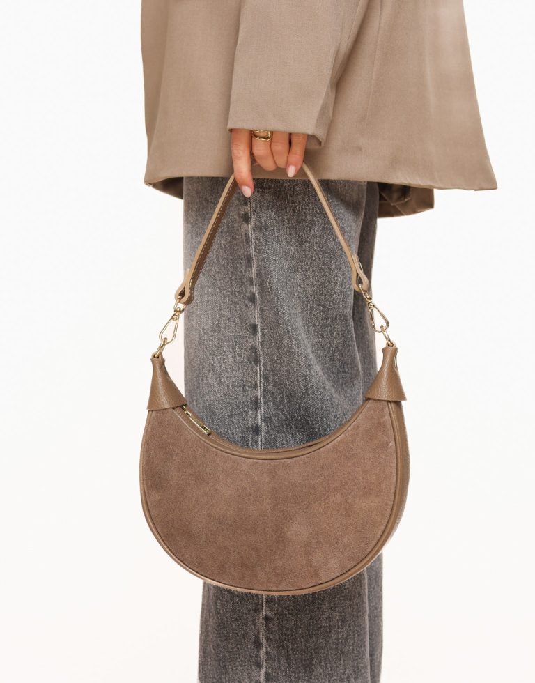 Taupe Suede Half Ronde Leren - Tas | Olivia & Kate