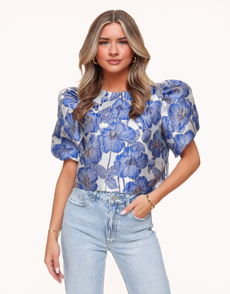Blauwe Statement Bloemen Pofmouwen - Top | Olivia & Kate
