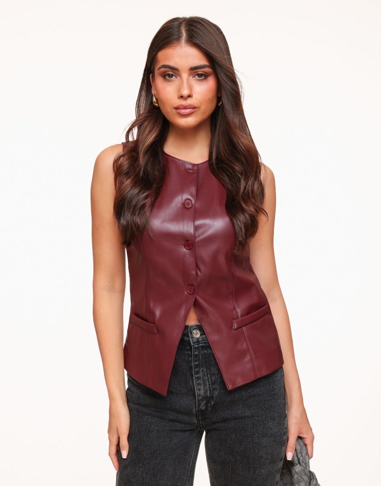 Bordeaux PU Leren Hoge Knopen - Gilet | Olivia & Kate
