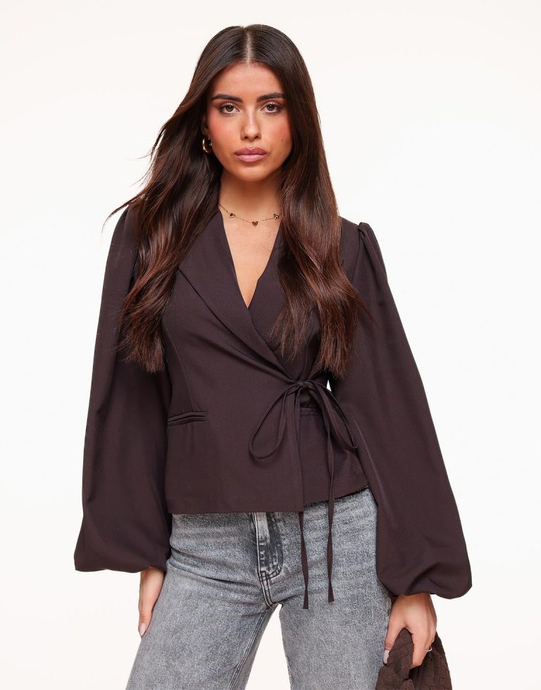 Donkerbruine Gemêleerde Pofmouwen Wikkel - Blazer | Olivia & Kate