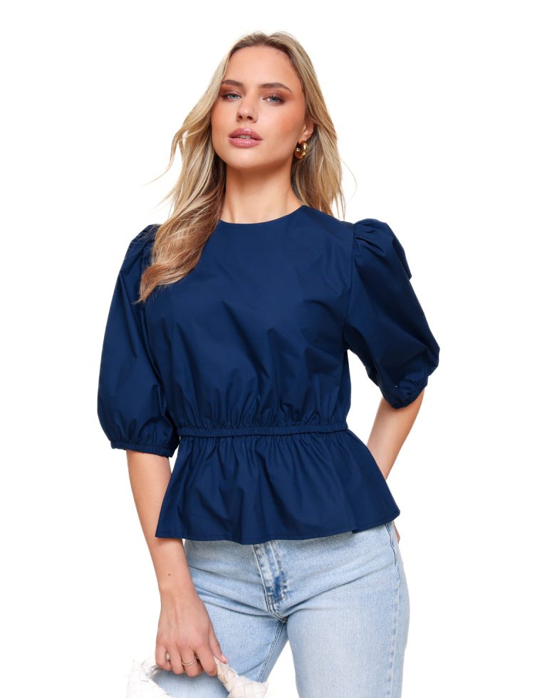 Donkerblauwe 3/4 Pofmouwen - Blouse | Olivia & Kate