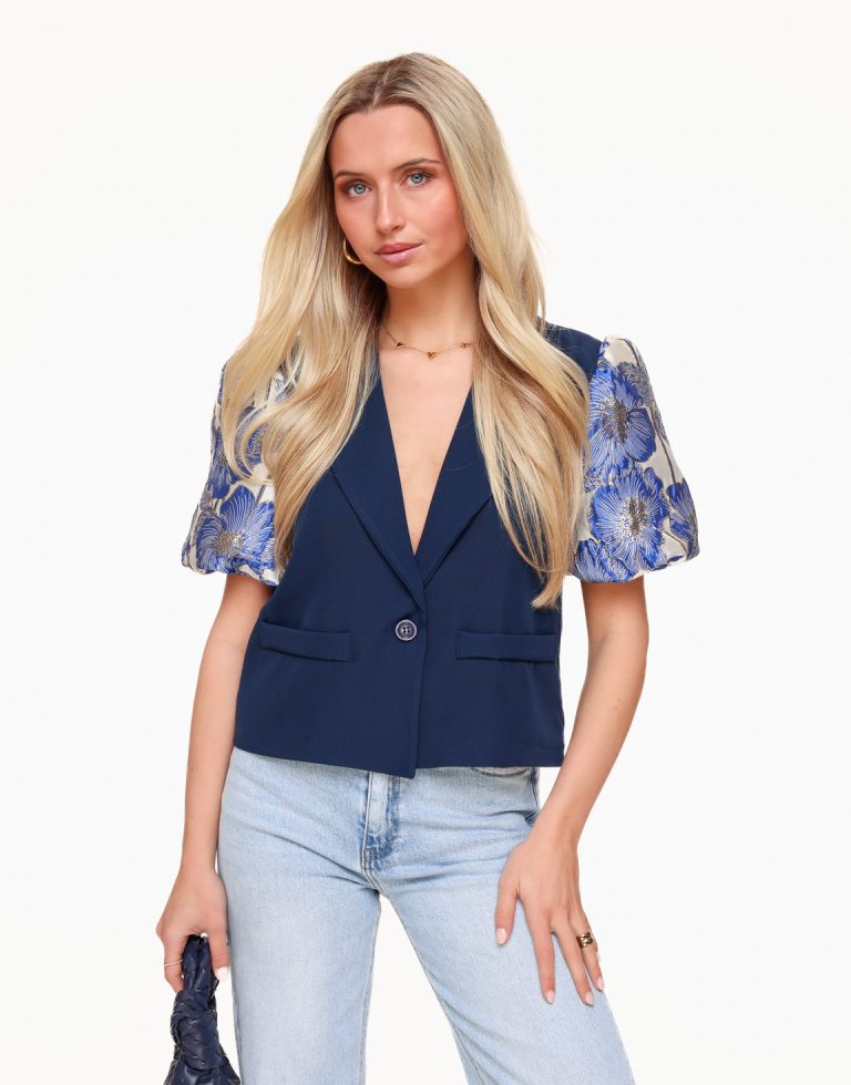 Donkerblauwe Statement Pofmouwen Cropped - Blazer | Olivia & Kate