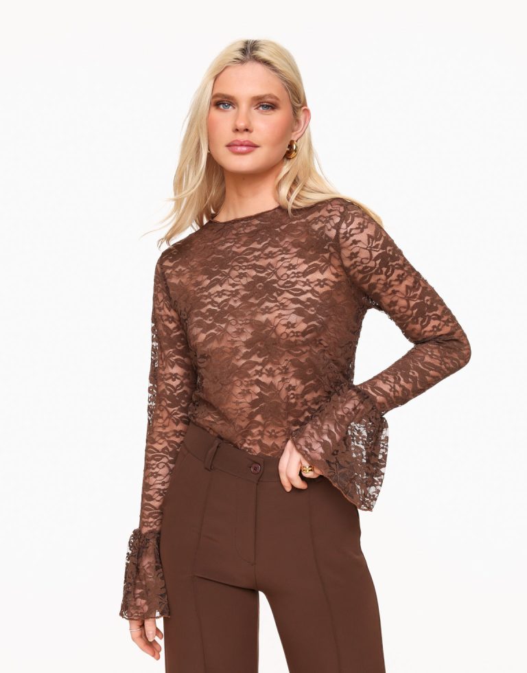 Donkerbruine Uitlopende Mouwen Kanten - Top | Olivia & Kate