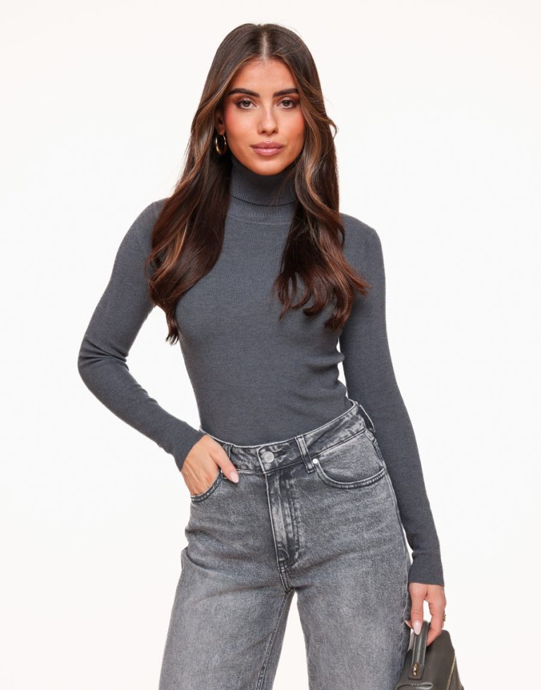 Grijze Basic Col LS - Top | Olivia & Kate