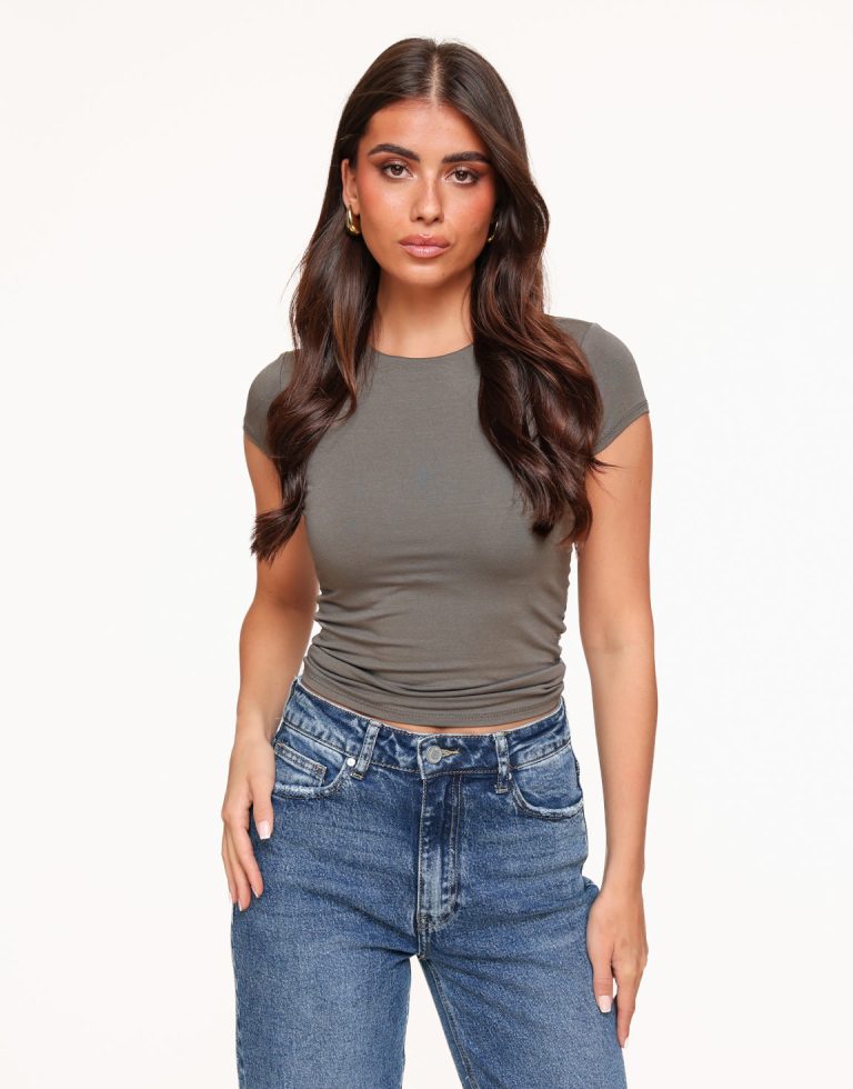 Donker Taupe Basic SS - Top | Olivia & Kate