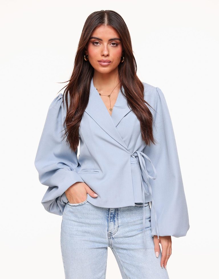 Grijsblauwe Gemêleerde Pofmouwen Wikkel - Blazer | Olivia & Kate