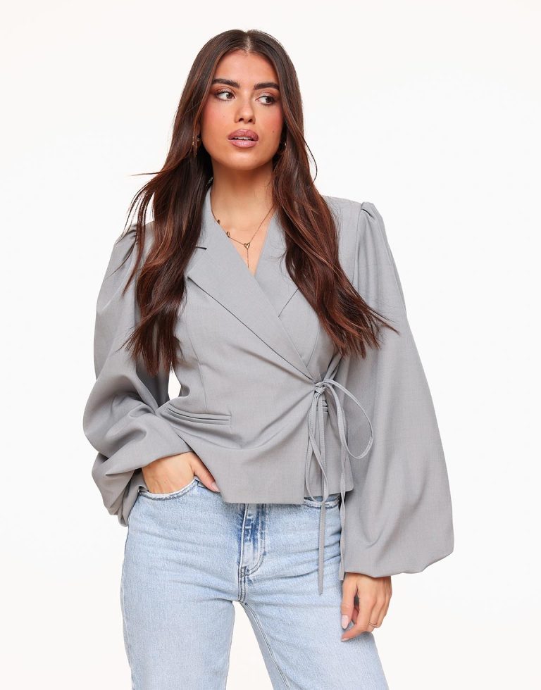 Grijze Gemêleerde Pofmouwen Wikkel - Blazer | Olivia & Kate