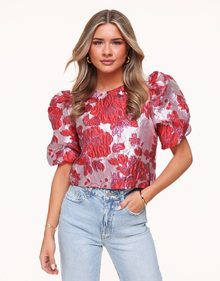 Rode Statement Bloemen Pofmouwen - Top | Olivia & Kate
