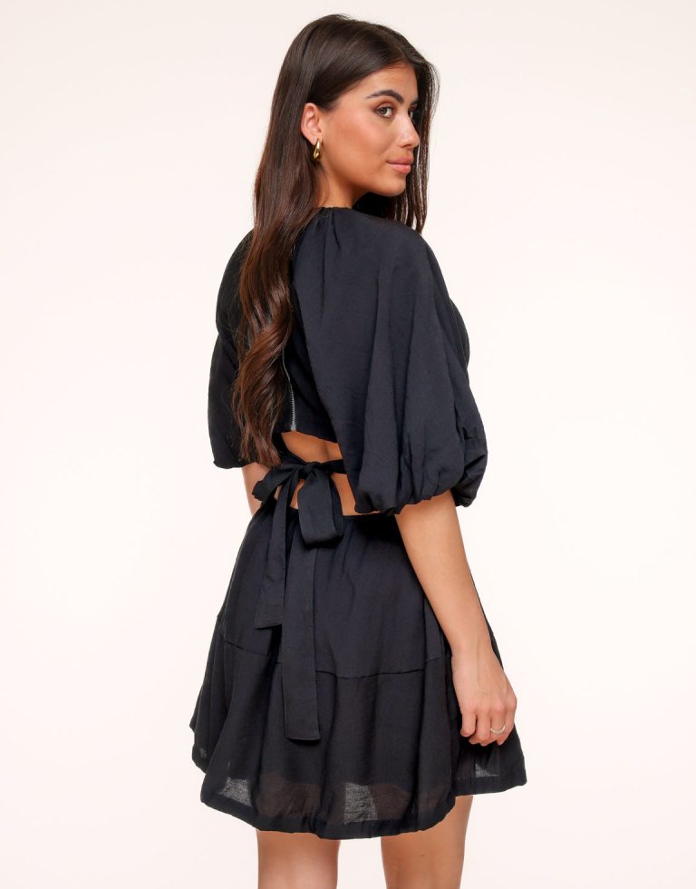 Zwarte Korte Pofmouwen Gestrikte Achterkant - Jurk | Olivia & Kate