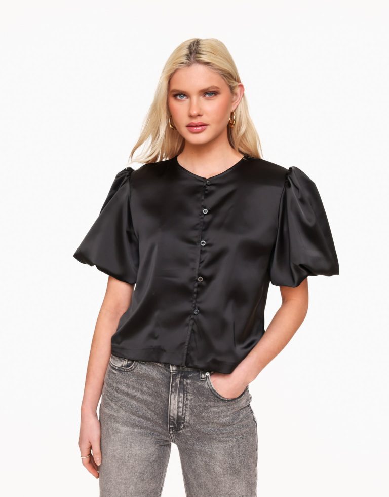Zwarte Satijnen Pofmouwen - Top | Olivia & Kate