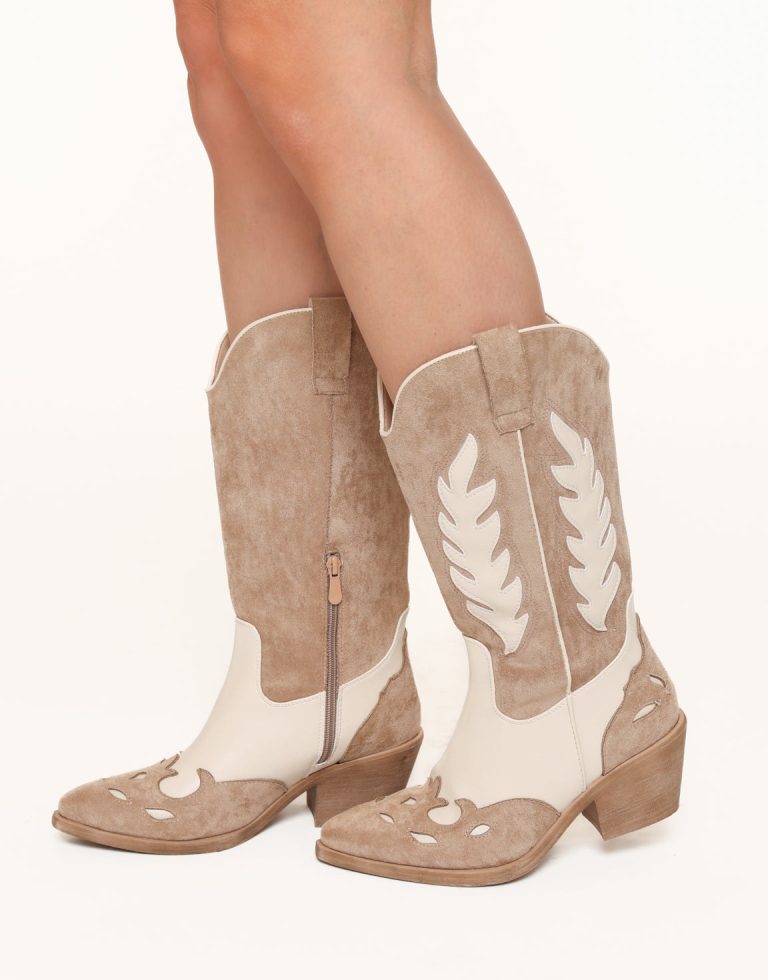 Beige Suede Detail Cowboy - Laarzen | Olivia & Kate