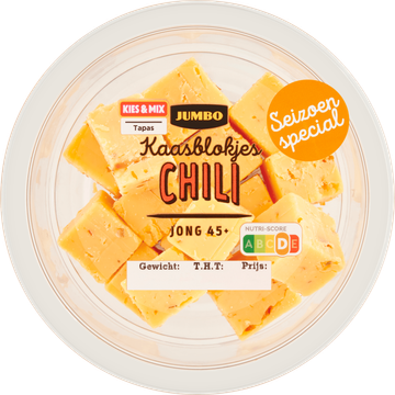 Jumbo Kaasblokjes Chili Jong 45+ 100 g Aanbieding bij Jumbo | 3 voor 6.00 | Flickmyhouse