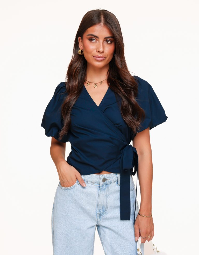 Navy Blauwe Korte Pofmouwen Wikkel - Top | Olivia & Kate