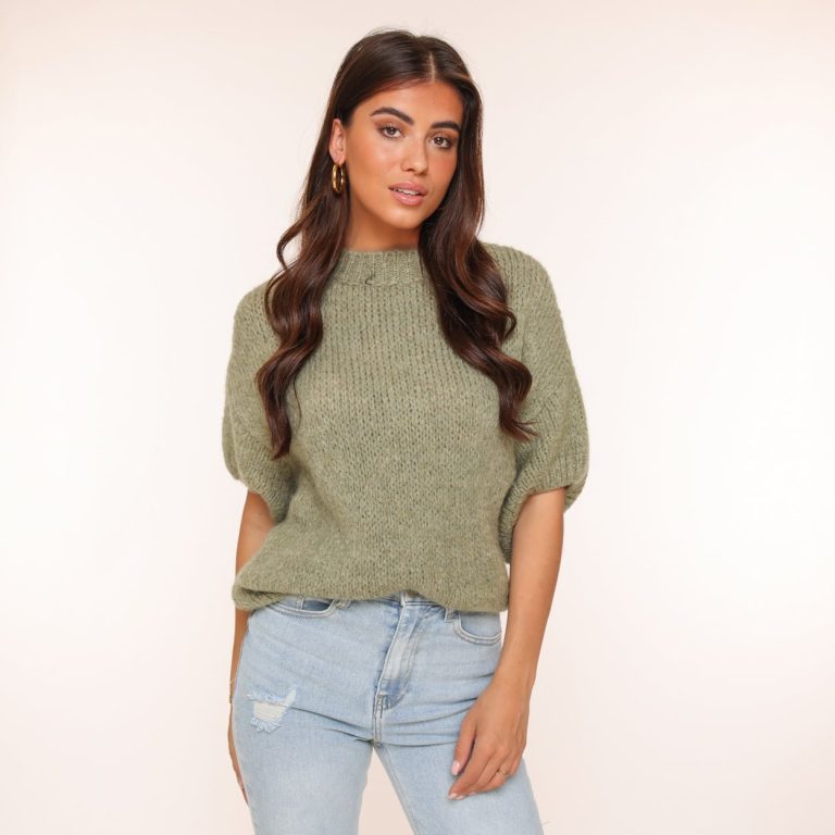 Army Groene Gebreide Wollen 3/4 Mouw - Trui | Olivia & Kate