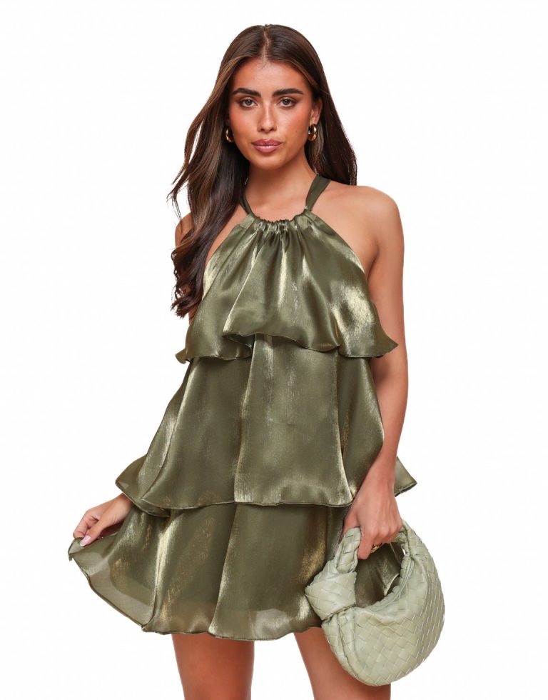 Army Groene Petite Satijnen Ruffel Halter - Jurk | Olivia & Kate