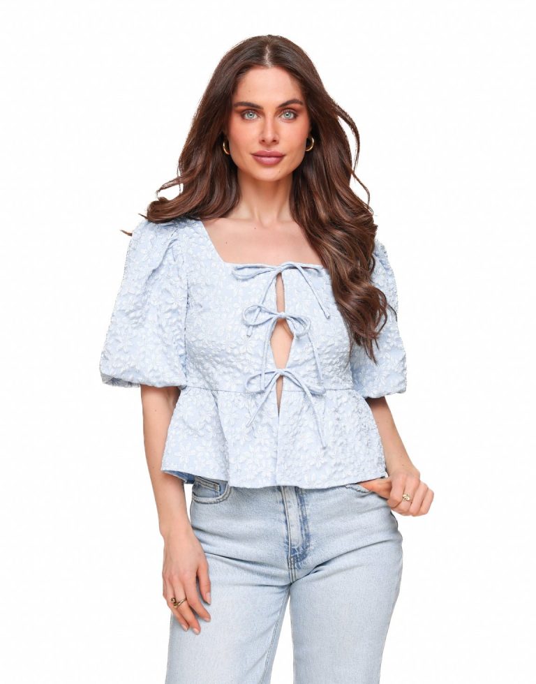 Blauwe Bloemen Strikjes Pofmouwen SS - Top | Olivia & Kate