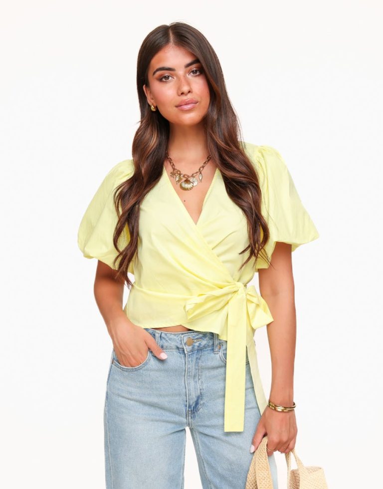 Lichtgele Korte Pofmouwen Wikkel - Top (niet online) | Olivia & Kate