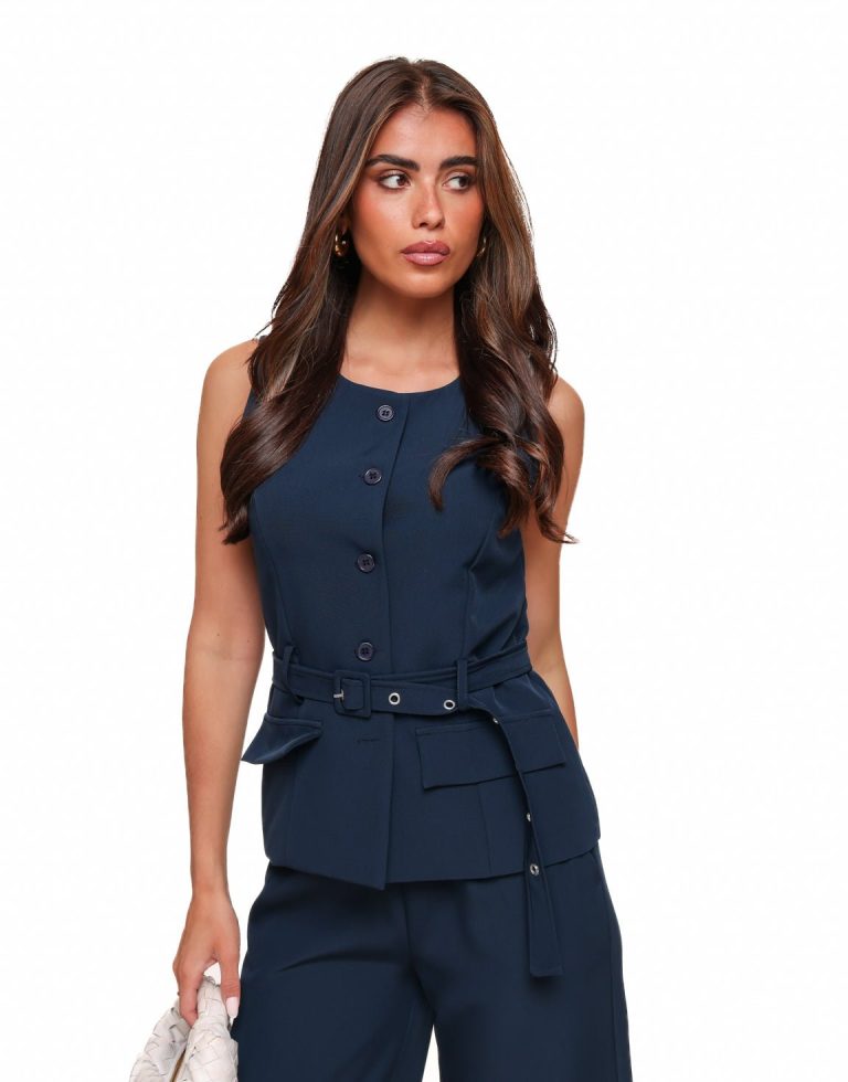 Navy Riem Hoge Knopen - Gilet | Olivia & Kate