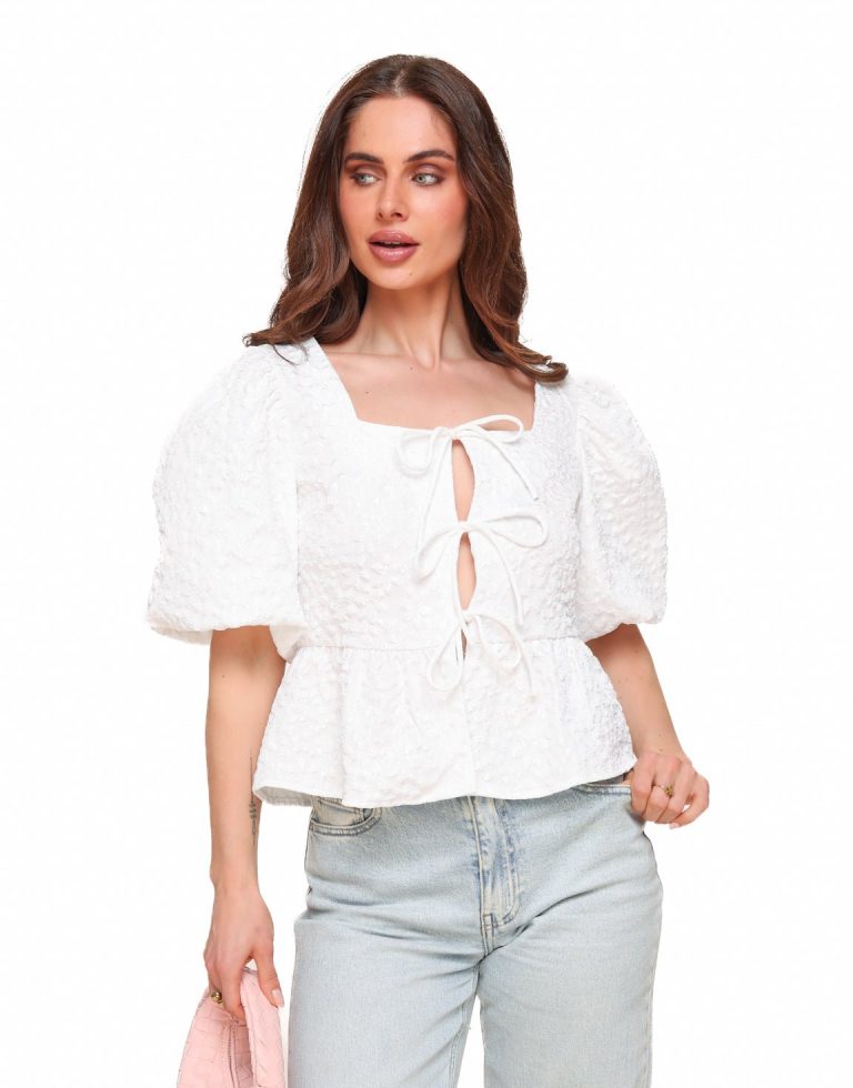 Witte Bloemen Strikjes Pofmouwen SS - Top | Olivia & Kate