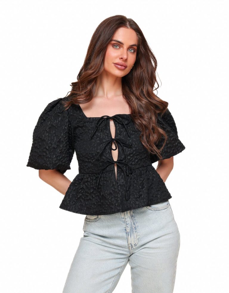 Zwarte Bloemen Strikjes Pofmouwen SS - Top | Olivia & Kate