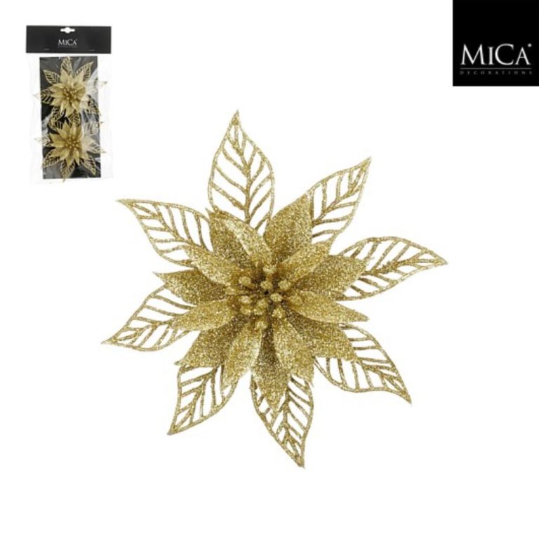Mica Decorations Clip Poinsettia 2x16 cm 2 Stuks Goud | Kopen bij Flickmyhouse
