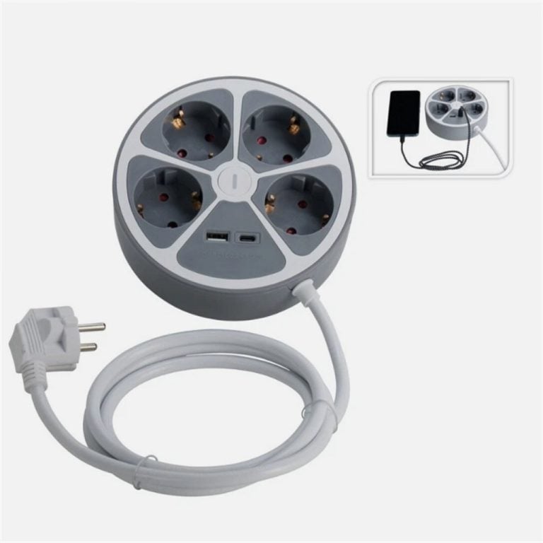 Stekkerdoos Rond 4 Weg + USB Aansluiting Grijs/Wit | Kopen bij Flickmyhouse